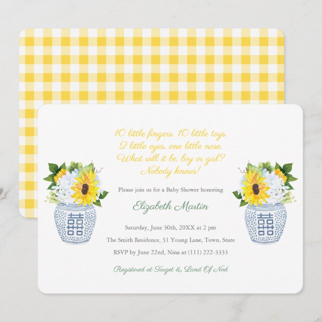 Invitation Dix Petits Doigts Poème Baby shower neutre pour le (Devant / Derrière)
