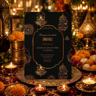 Invitation Diyas élégants Diwali noir et or