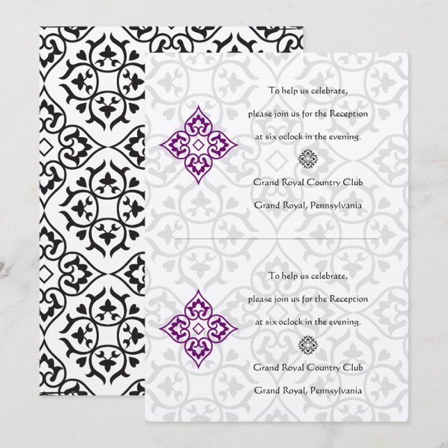 Invitation do-it-yourself Réception Noir Damas Plum Hearts (Devant / Derrière)