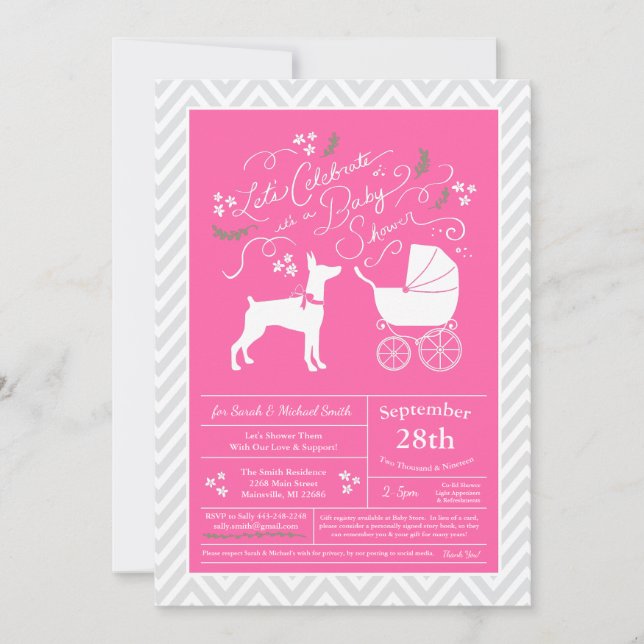 Invitation Doberman Pinscher Chien Baby shower Rose fille Dob (Devant)
