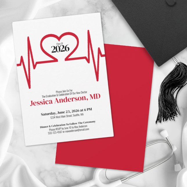 Invitation Docteur en soins infirmiers simple Diplôme Médical (Simple Heart Beat Doctor Medical School Graduation Invitation)