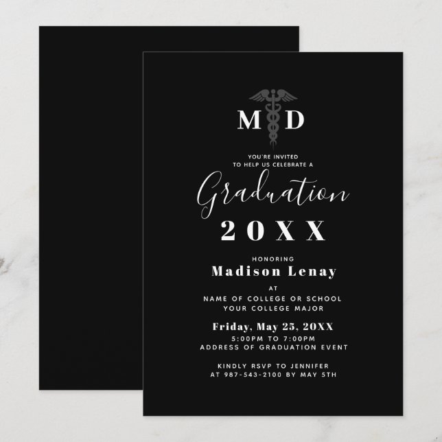 Invitation Docteur Médicale moderne MD Black White Graduation (Devant / Derrière)