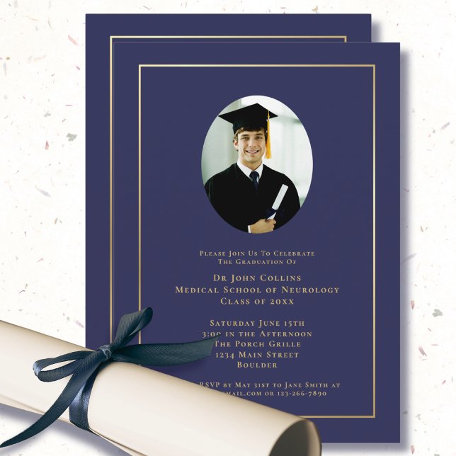 Invitation Docteur Navy Blue Médicale School Photo Graduation (Créateur téléchargé)