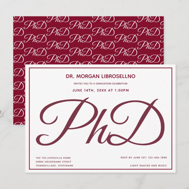 Invitation Doctorat Burgundy White Graduation Party (Devant / Derrière)