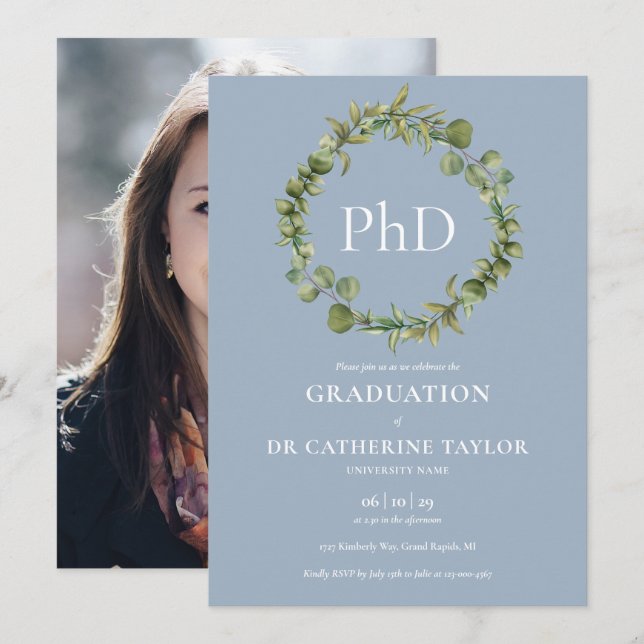 Invitation Doctorat Degré Dusty Blue Garland Photo Graduation (Devant / Derrière)