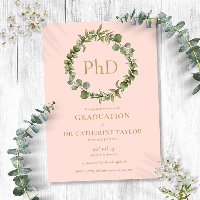 Invitation Doctorat Diplôme Blush Pink Garland (PhD Degree Blush Pink Garland Graduation Invitation)