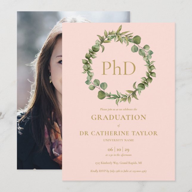 Invitation Doctorat Diplôme Blush Pink Garland (Devant / Derrière)