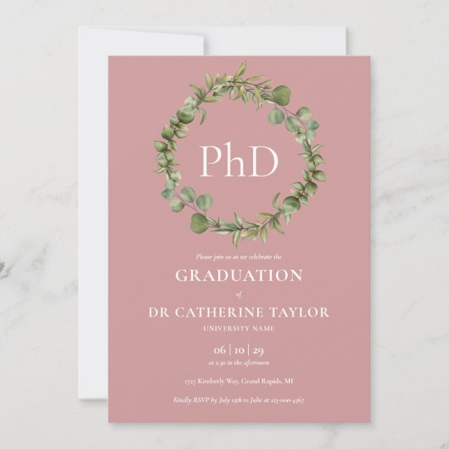 Invitation Doctorat Diplôme Dusty Rose Garland Graduation (Devant)