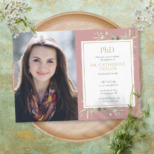 Invitation Doctorat Diplôme Dusty Rose Greenery Graduation Ph