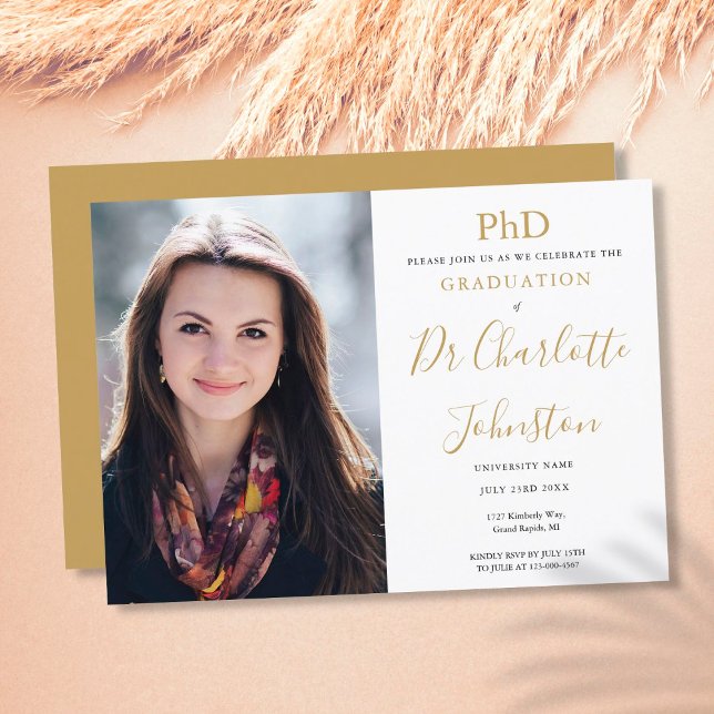 Invitation Doctorat Gold Script Graduation Party Photo (PhD Degree Gold Script Graduation Party Photo Invitation)