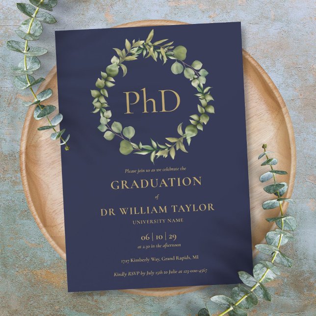 Invitation Doctorat Licence Marine Blue Garland (PhD Degree Navy Blue Garland Graduation Party Invitation)