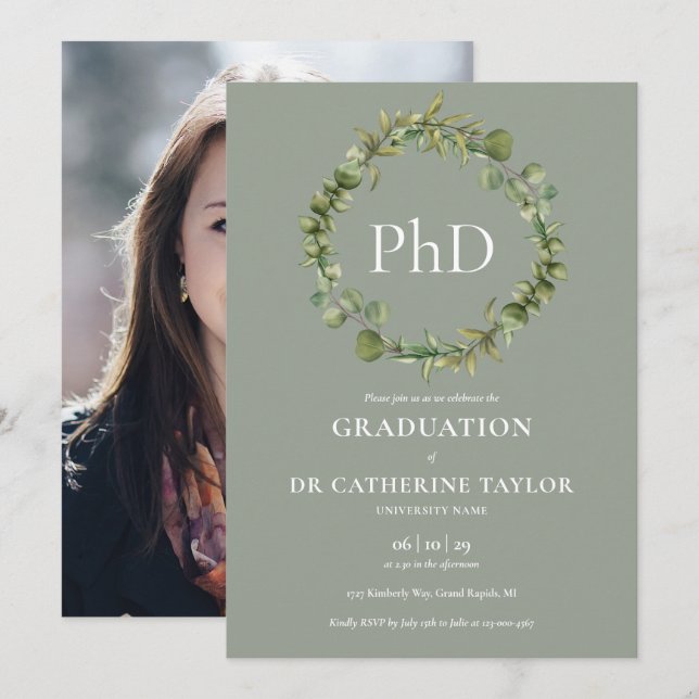 Invitation Doctorat Sage Garland Photo Party (Devant / Derrière)