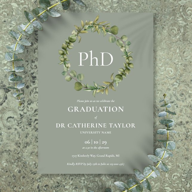 Invitation Doctorat Sage Green Garland Graduation Party (PhD Degree Sage Green Garland Graduation Party Invitation)