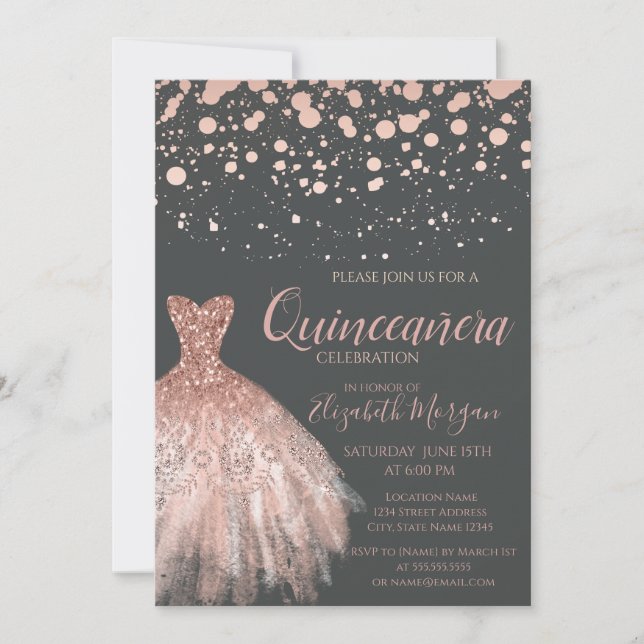 Invitation Doigts d'or Rose moderne, Robe gris Quinceañera (Devant)