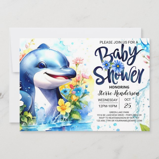 Invitation Dolphin Dance Deep Blue Boy Baby shower (Devant)