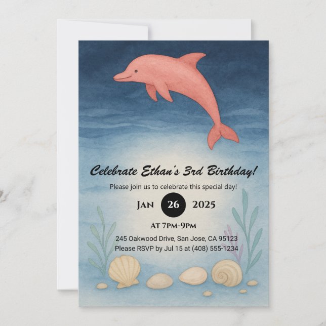 Invitation Dolphin rose et coquilles de fond de mer Anniversa (Devant)