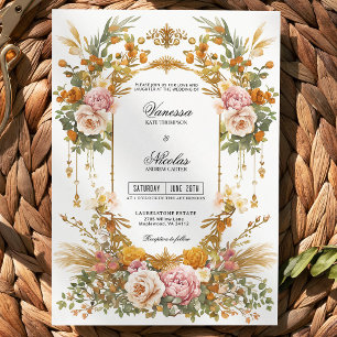 Invitation Domaine de jardin rustique Fleurs roses or Mariage