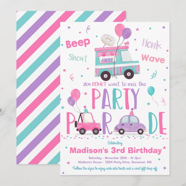 Invitation Donat Birthday Party Drive By Birthday Parade (Devant / Derrière)