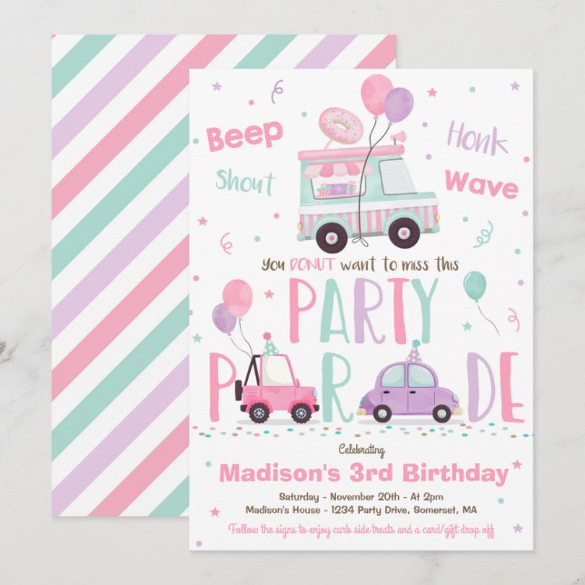 Invitation Donat Birthday Party Drive By Birthday Parade (Devant / Derrière)
