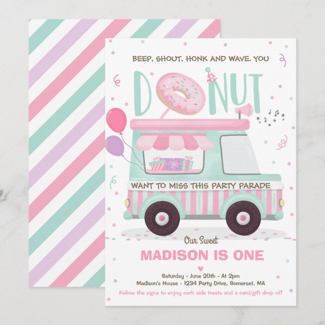 Invitation Donat Birthday Party Drive By Birthday Parade (Devant / Derrière)
