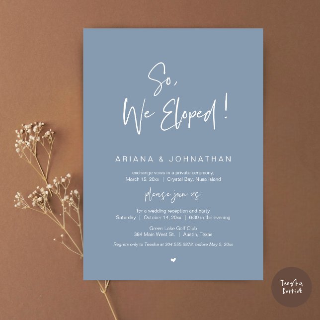 Invitation Donc, Nous Avons Été, Le Dîner Moderne Mariage Elo (So, We Eloped, Modern Wedding Elopement Dinner Invitation Card, PDF, in Dusty Blue)