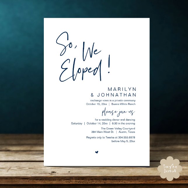 Invitation Donc, Nous Avons Été, Le Dîner Moderne Mariage Elo (So, We Eloped, Modern Classy Wedding Elopement Dinner Party Invitation Card PDF Navy Blue)
