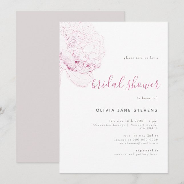 Invitation Donc Pink Peony Elegant Fête des mariées florale C (Devant / Derrière)