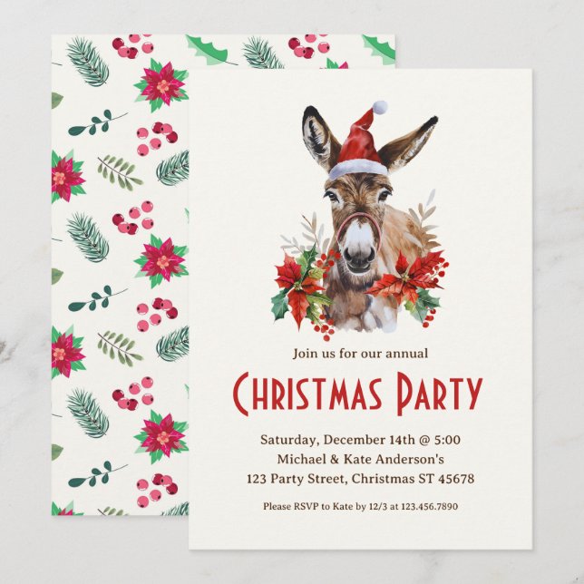 Invitation Donkey in Santa Hat Fête de Noël des animaux de fe (Devant / Derrière)