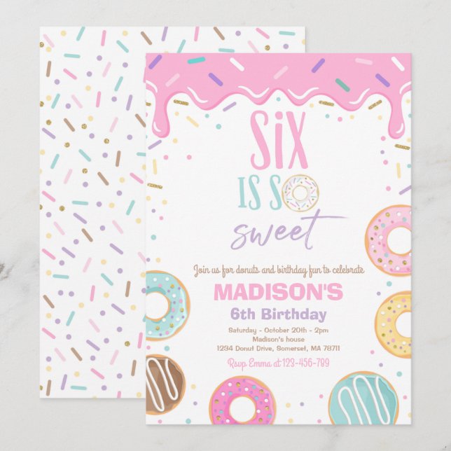 Invitation Donut 6e fête d'anniversaire Six est si doux (Devant / Derrière)