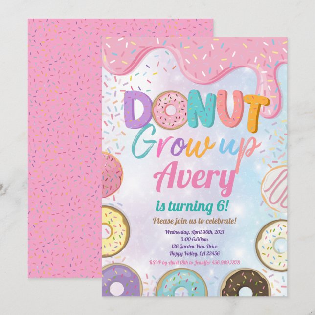 Invitation Donut Croissance Anniversaire Fête Pink Pastel Gir (Devant / Derrière)