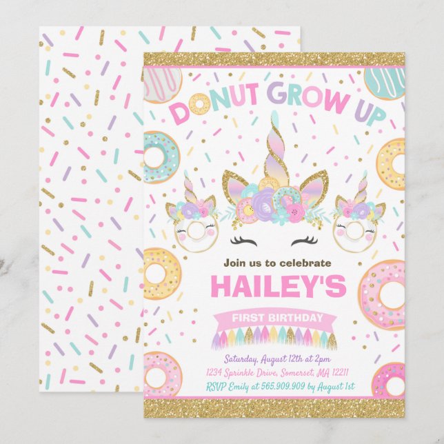 Invitation Donut Et Licorne Fête Donut Devenir Gra (Devant / Derrière)