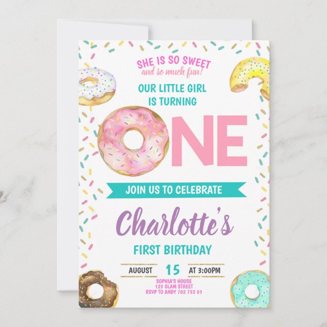 Invitation Donut First Birthday Girl Sweet Fun Cute (Devant)
