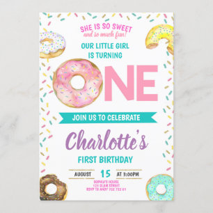 Invitation Donut First Birthday Girl Sweet Fun Cute
