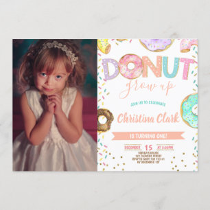 Invitation Donut Grow Up Girl 1er Anniversaire avec photo