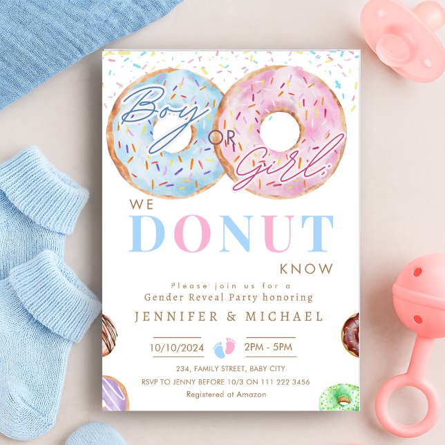 Invitation Donut Know Genre Révéler Garçon Fille Bleu rose Fê (Donut Know Gender Reveal Boy Girl Blue Pink Party Invitation)