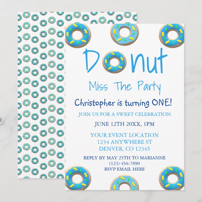 Invitation Donut Miss La fête 1er Anniversaire (Devant / Derrière)
