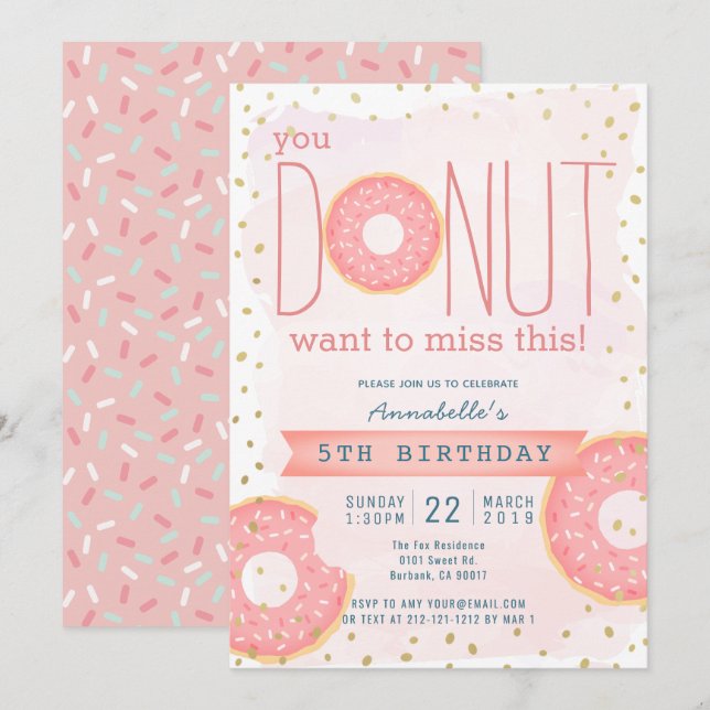 Invitation Donut Pink x Gold Girl Anniversaire (Devant / Derrière)