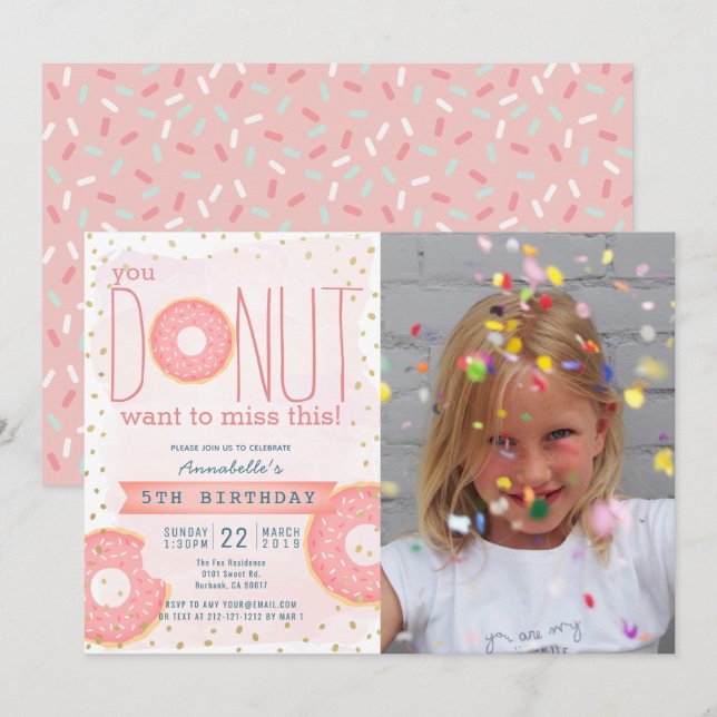 Invitation Donut Pink x Gold Photo Girl Anniversaire (Devant / Derrière)