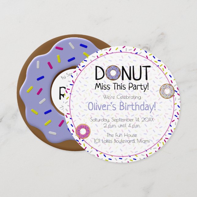 Invitation Donut pourpre Mlle Cette Fête Saupoudrer rond (Devant / Derrière)