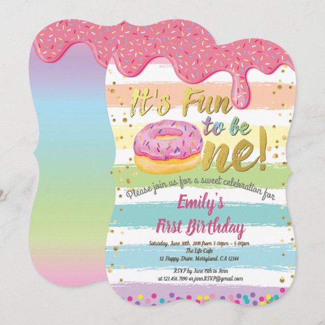 Invitation Donut première fête de 1er anniversaire pastel rai (Devant / Derrière)