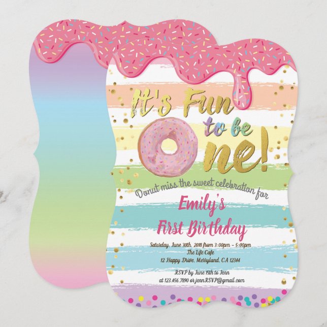 Invitation Donut première fête de 1er anniversaire pastel rai (Devant / Derrière)
