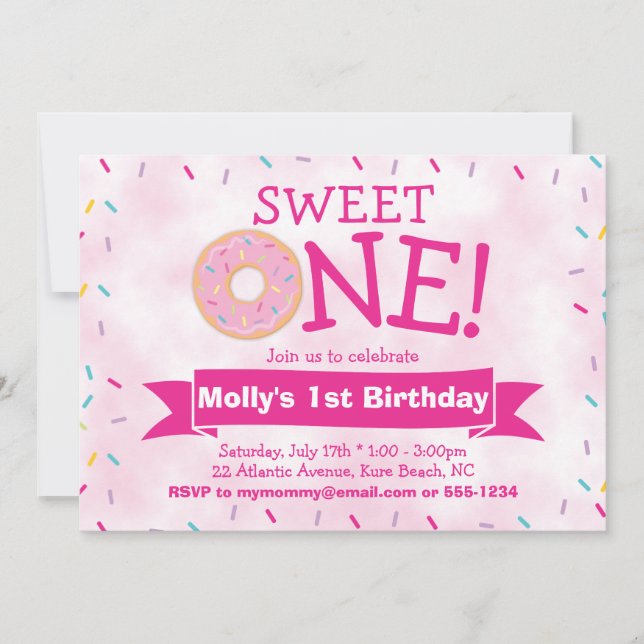 Invitation Donut rose avec arrosage Fille 1er anniversaire (Devant)