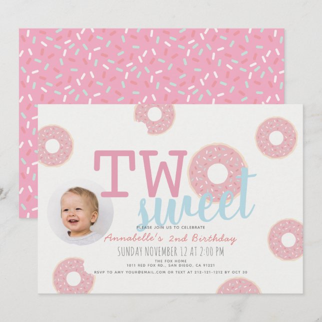 Invitation Donut rose Deux filles douces Photo 2e anniversair (Devant / Derrière)