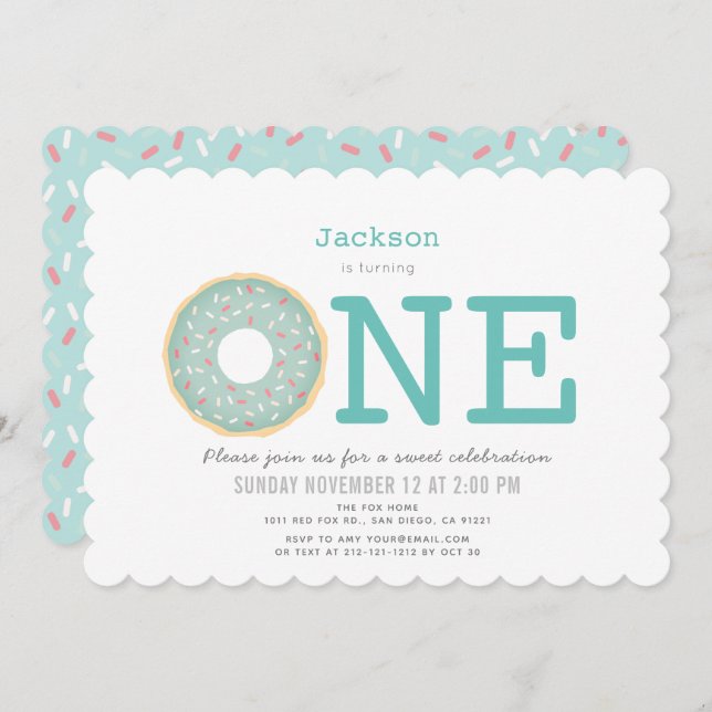 Invitation Donut Simple Mint Green Boy 1er anniversaire (Devant / Derrière)