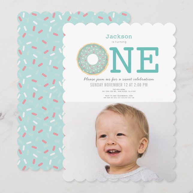 Invitation Donut Simple Mint Green Boy Photo 1er anniversaire (Devant / Derrière)