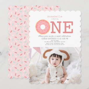 Invitation Donut Simple Rose Girl Photo 1er anniversaire