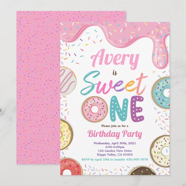 Invitation Donut Sweet 1er Anniversaire Fête Pink Pastel (Devant / Derrière)
