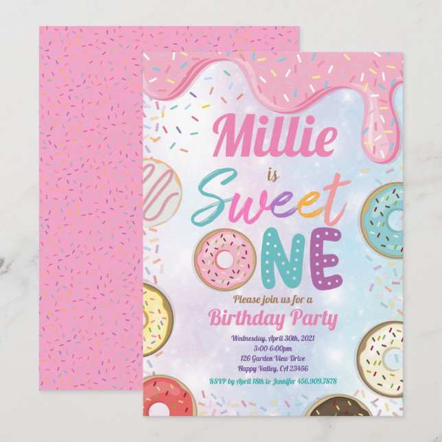 Invitation Donut Sweet 1er Anniversaire Fête Pink Pastel Inv (Devant / Derrière)