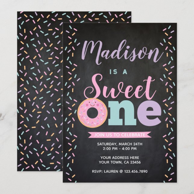 Invitation Donut, Sweet One, 1er anniversaire (Devant / Derrière)