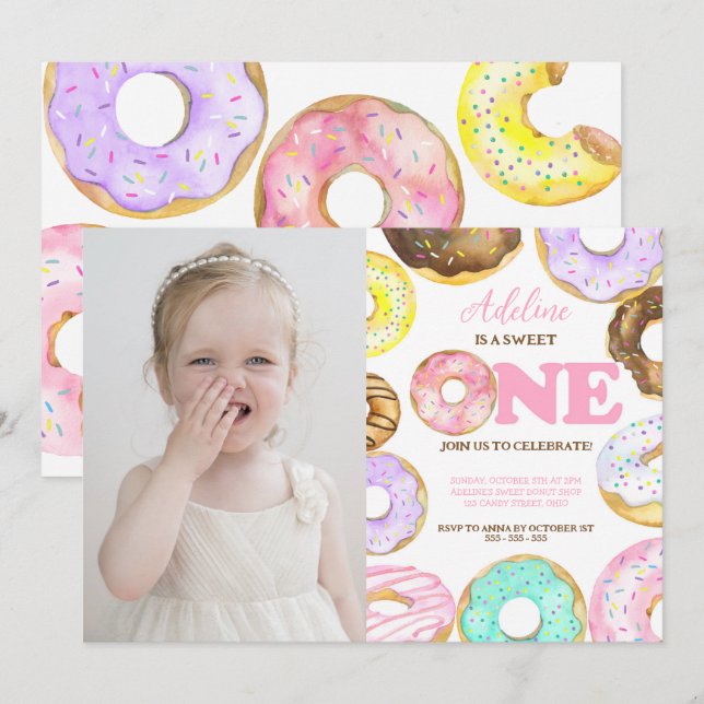 Invitation Donut Sweet One 1er anniversaire fille mignonne fê (Devant / Derrière)